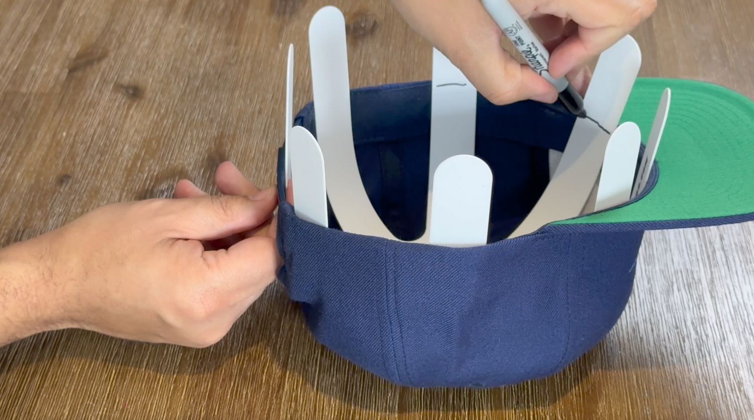 Hat Stacker in hat marking cut lines